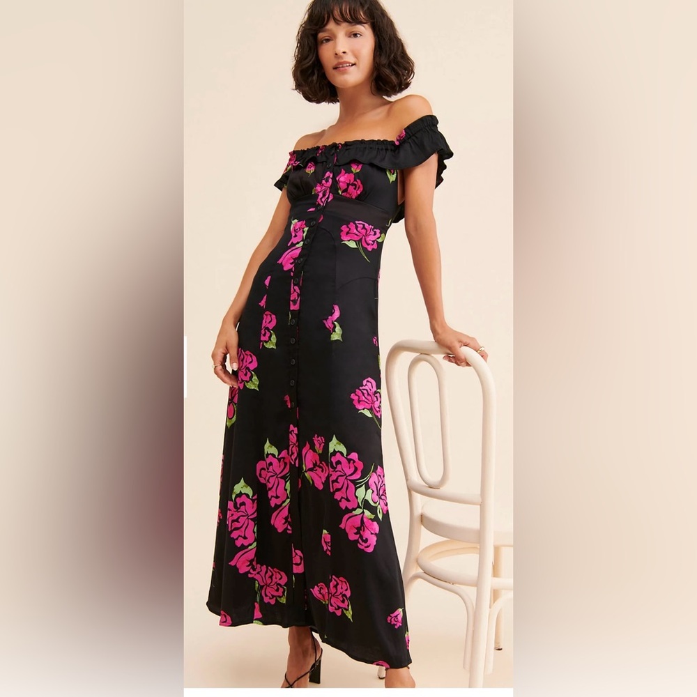 Free People She’s A Dream Black and Pink Floral Maxi Dress Large